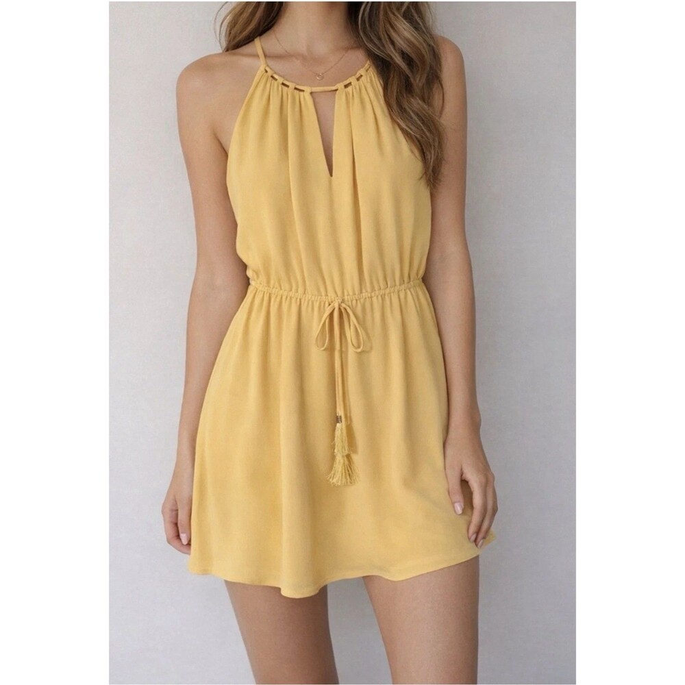 White House Black Market Yellow Mini Cocktail Dress Sundress Tassel Summer Sz 12